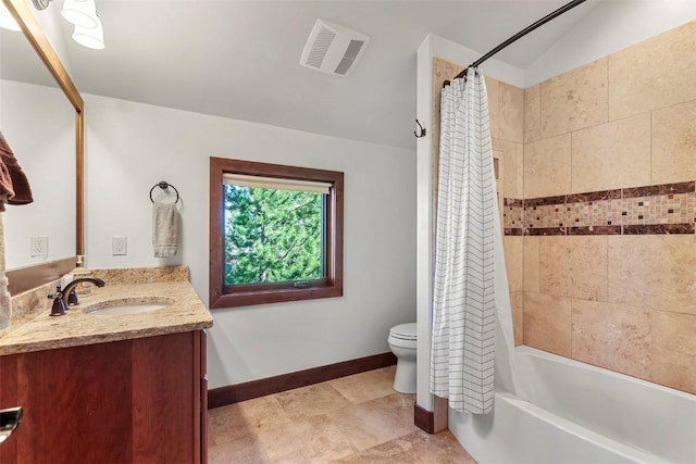 bathroom featuring double vanity, visible vents, toilet, shower / bath combo, and a sink