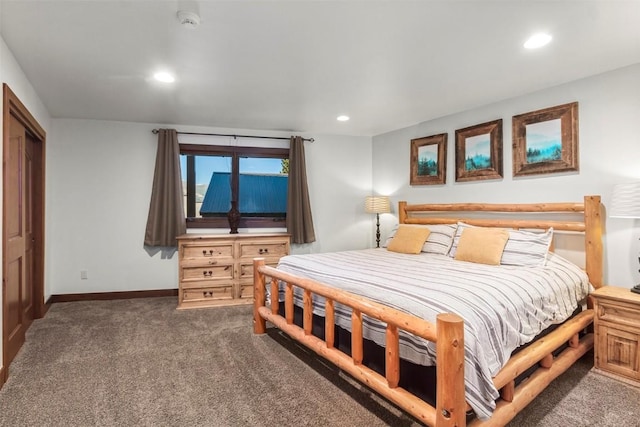 bedroom featuring carpet, baseboards, and recessed lighting