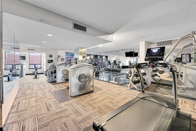 exercise room featuring rail lighting, light colored carpet, and a textured ceiling