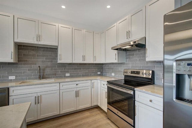 kitchen with backsplash, sink, light hardwood / wood-style floors, white cabinetry, and stainless steel appliances