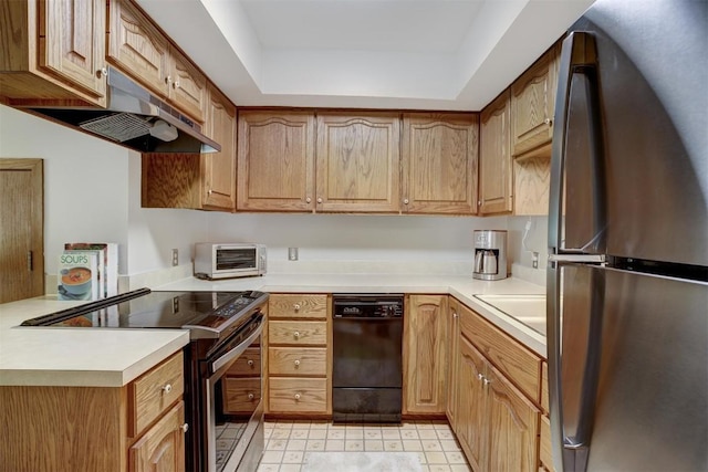 kitchen with a tray ceiling, sink, and stainless steel appliances