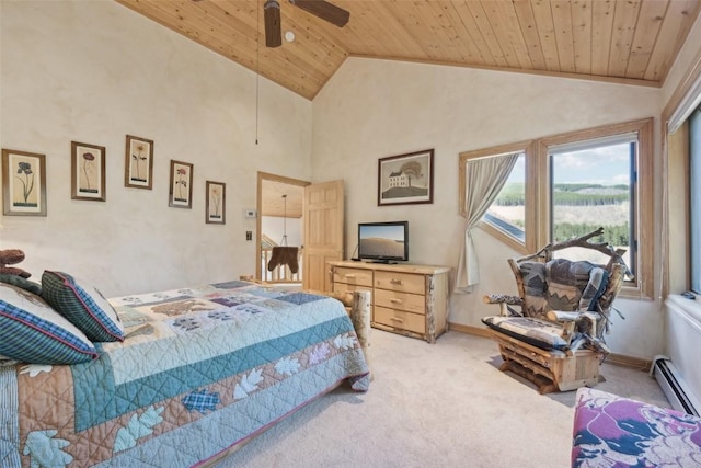 carpeted bedroom featuring ceiling fan, wood ceiling, high vaulted ceiling, and a baseboard radiator