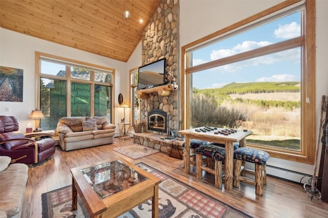 living room with wood-type flooring, high vaulted ceiling, a stone fireplace, and wood ceiling