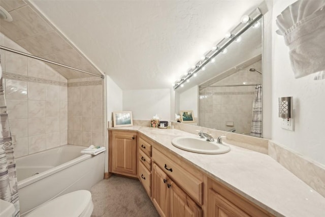 full bathroom with vanity, toilet, shower / bathtub combination with curtain, and vaulted ceiling