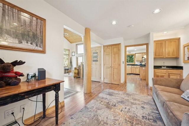 interior space with lofted ceiling, light wood-type flooring, and sink