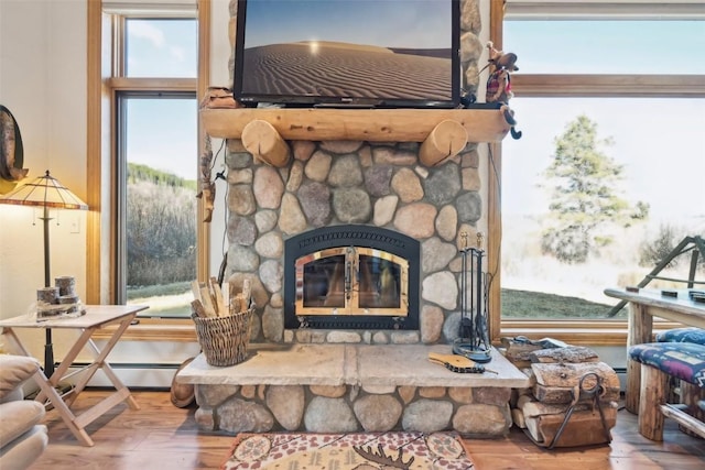 details with hardwood / wood-style floors, a stone fireplace, and baseboard heating