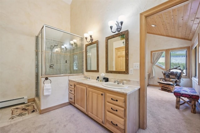 bathroom with baseboard heating, a shower with door, wooden ceiling, and vaulted ceiling