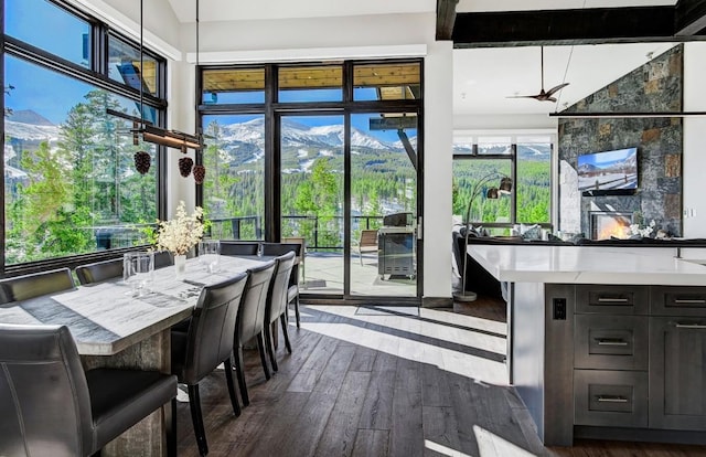 interior space with a healthy amount of sunlight, vaulted ceiling with beams, ceiling fan, and dark wood-type flooring