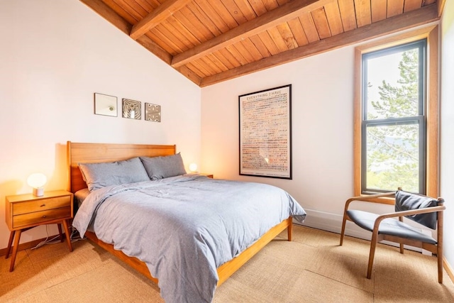 bedroom featuring wood ceiling, lofted ceiling with beams, and light colored carpet