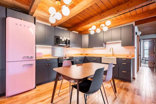 kitchen with sink, stainless steel appliances, light hardwood / wood-style floors, and wooden ceiling