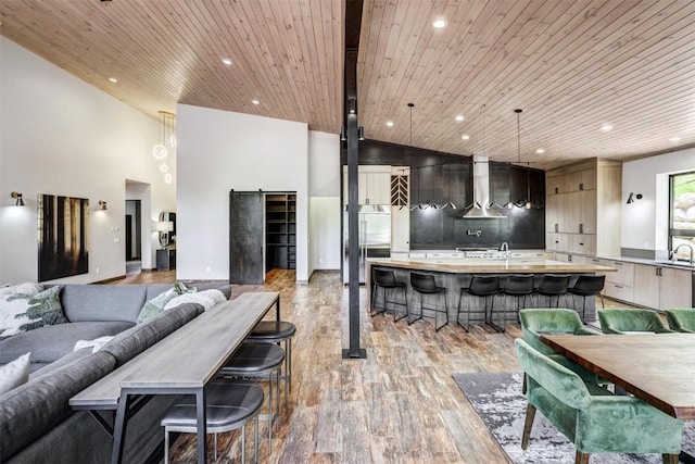 interior space with sink, high vaulted ceiling, wooden ceiling, and light hardwood / wood-style floors