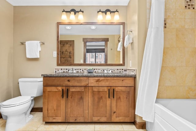 full bathroom with toilet, backsplash, shower / bath combination with curtain, and tile patterned floors