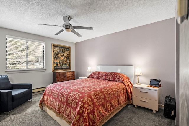 bedroom with a baseboard radiator, a textured ceiling, dark carpet, and a ceiling fan