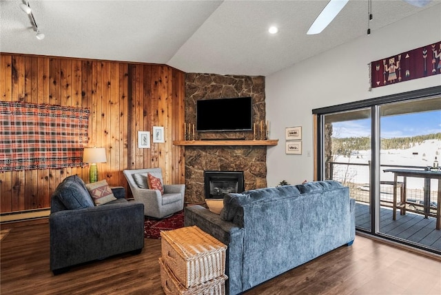 living area featuring wood walls, vaulted ceiling, wood finished floors, a textured ceiling, and a baseboard radiator