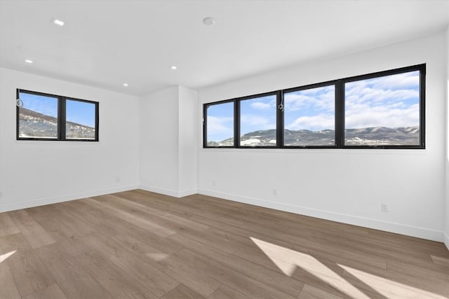 unfurnished room featuring a mountain view, a healthy amount of sunlight, and light wood-type flooring