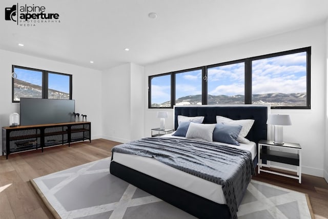 bedroom with a mountain view and hardwood / wood-style floors