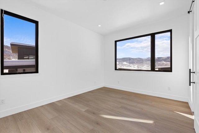 unfurnished room featuring a mountain view and light hardwood / wood-style floors