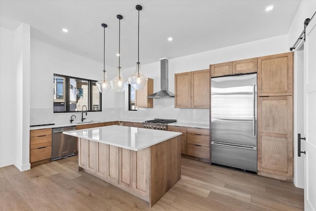 kitchen with appliances with stainless steel finishes, sink, a center island, a barn door, and wall chimney exhaust hood