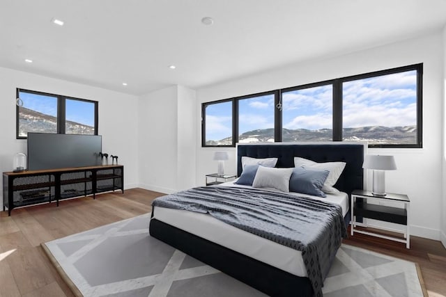 bedroom featuring a mountain view and light hardwood / wood-style floors