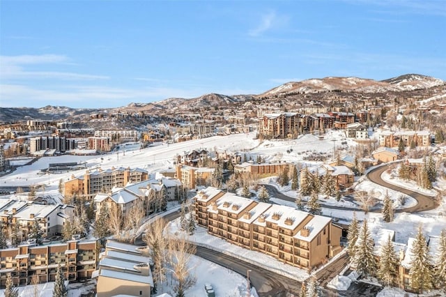 snowy aerial view featuring a mountain view