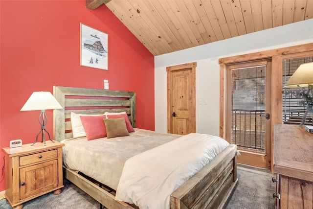 carpeted bedroom with vaulted ceiling with beams and wooden ceiling