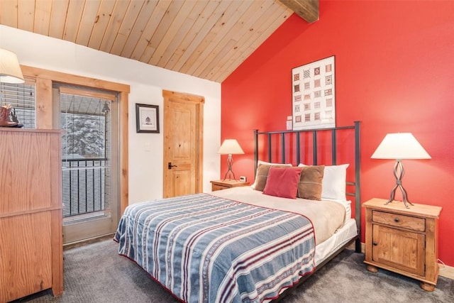 carpeted bedroom featuring lofted ceiling with beams and wooden ceiling