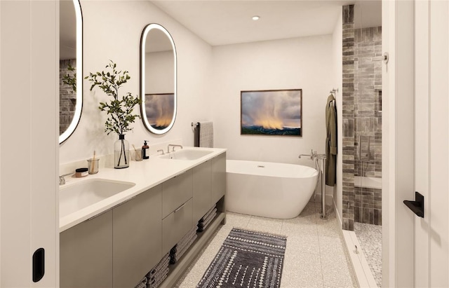 bathroom with shower with separate bathtub and vanity