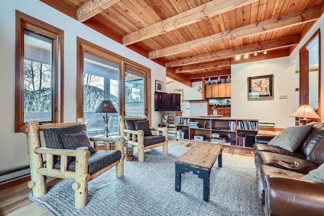 living room featuring beamed ceiling, track lighting, light wood-type flooring, and wooden ceiling