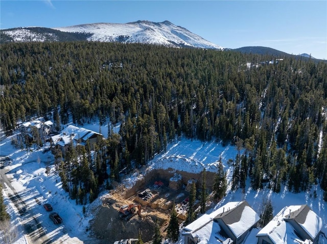 drone / aerial view featuring a forest view and a mountain view