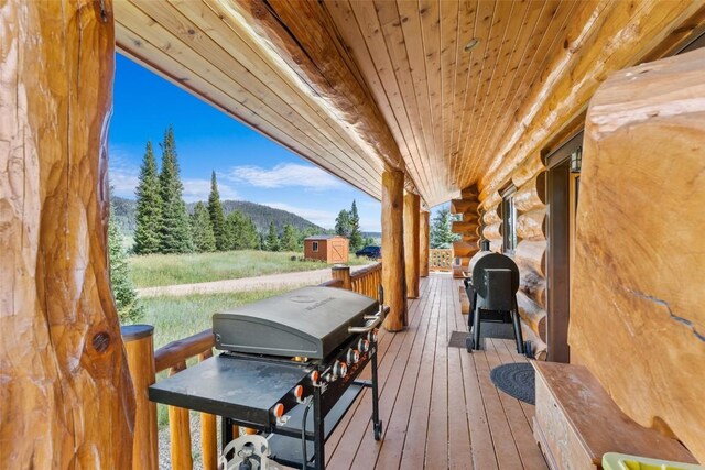 wooden terrace with a grill, a mountain view, and a storage unit