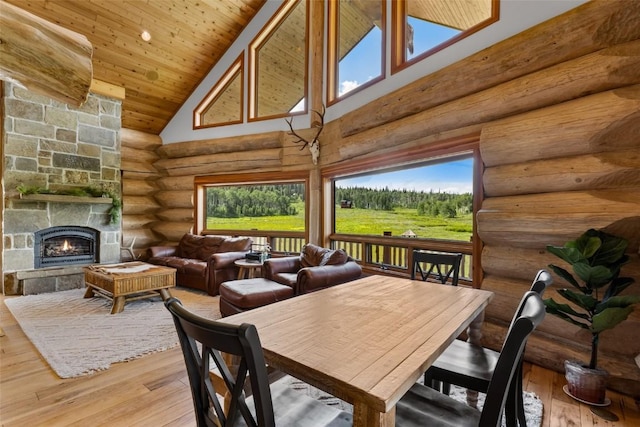 interior space featuring log walls, high vaulted ceiling, wooden ceiling, a fireplace, and hardwood / wood-style floors