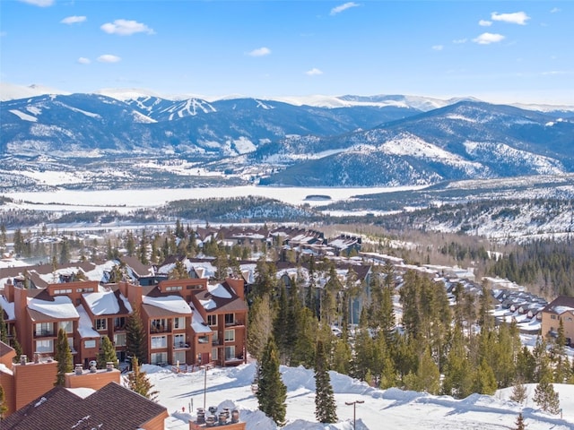 snowy aerial view with a mountain view