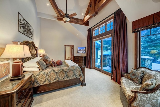 bedroom featuring high vaulted ceiling, access to outside, ceiling fan, beam ceiling, and light colored carpet