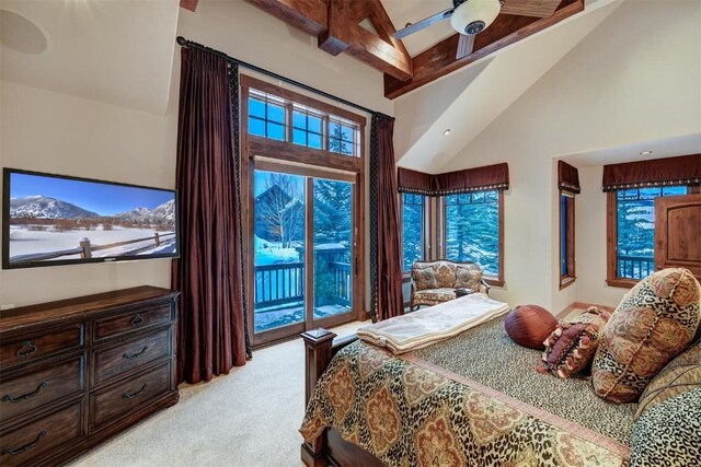 bedroom featuring high vaulted ceiling, beam ceiling, light colored carpet, and access to outside