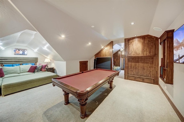 recreation room with wood walls, light colored carpet, lofted ceiling, and billiards