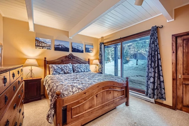 carpeted bedroom featuring ceiling fan, beam ceiling, and a baseboard heating unit