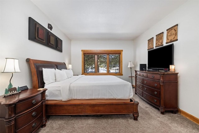 bedroom with light colored carpet