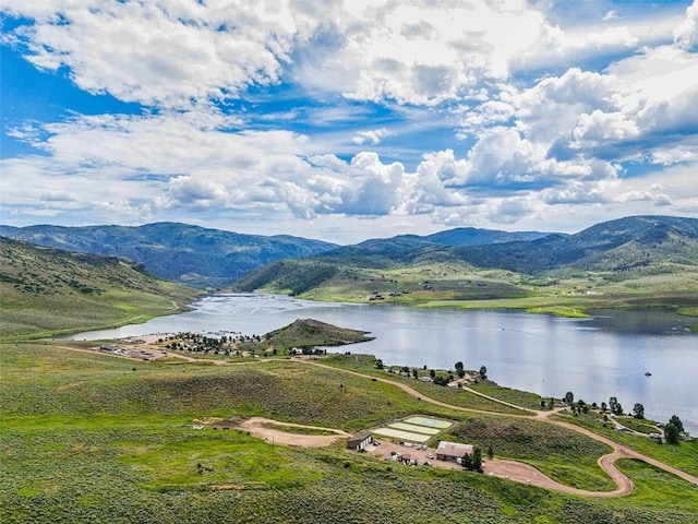 bird's eye view featuring a water and mountain view