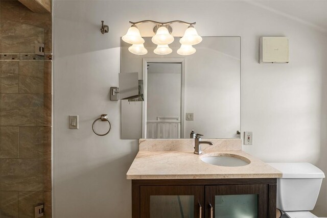 bathroom featuring vanity, toilet, and vaulted ceiling