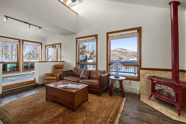 living room with dark wood-type flooring, lofted ceiling, a wood stove, a mountain view, and a baseboard heating unit