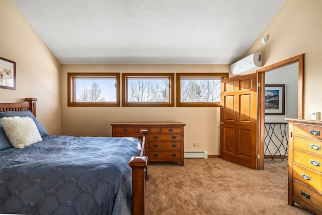 bedroom featuring a baseboard heating unit, a wall mounted air conditioner, a textured ceiling, vaulted ceiling, and light colored carpet