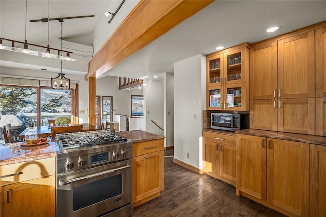 kitchen with appliances with stainless steel finishes, dark hardwood / wood-style floors, dark stone counters, hanging light fixtures, and a notable chandelier