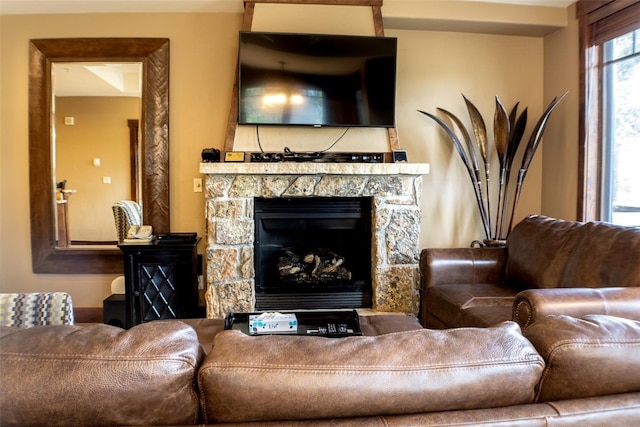 living room with a fireplace