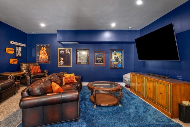 carpeted home theater with recessed lighting