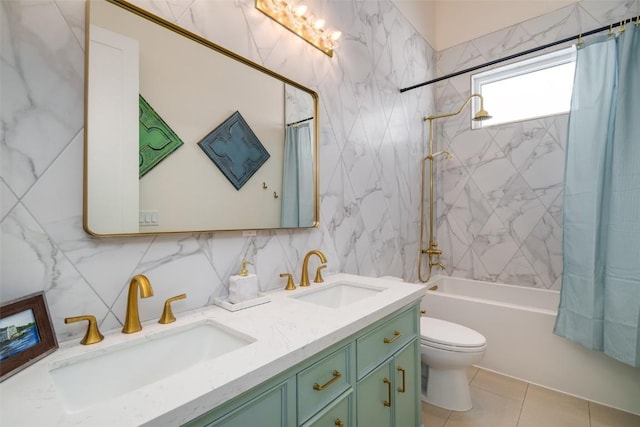 full bathroom featuring tile walls, toilet, vanity, and shower / bath combination with curtain