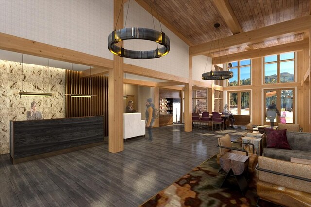 living room featuring wooden ceiling, beamed ceiling, high vaulted ceiling, and dark wood-type flooring