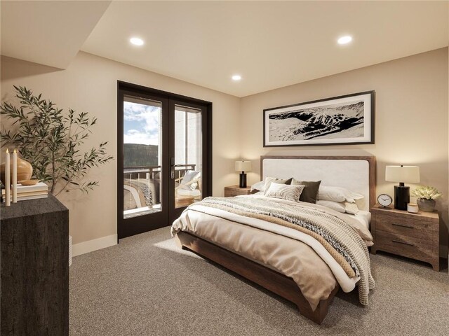 bedroom featuring access to exterior, french doors, and carpet