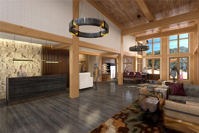 living room with beamed ceiling, high vaulted ceiling, dark wood-type flooring, and wood ceiling