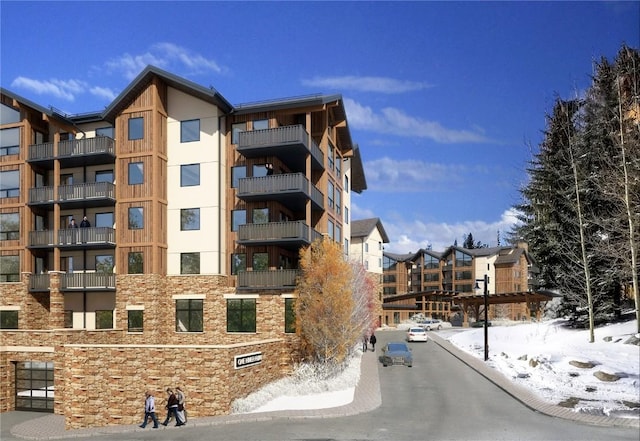 view of snow covered building