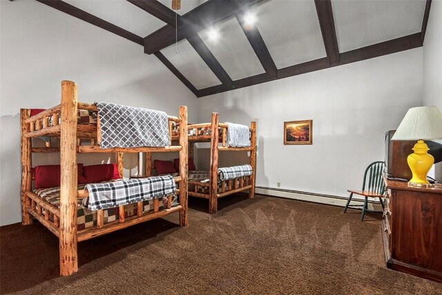 bedroom with vaulted ceiling with beams, dark carpet, and a baseboard heating unit